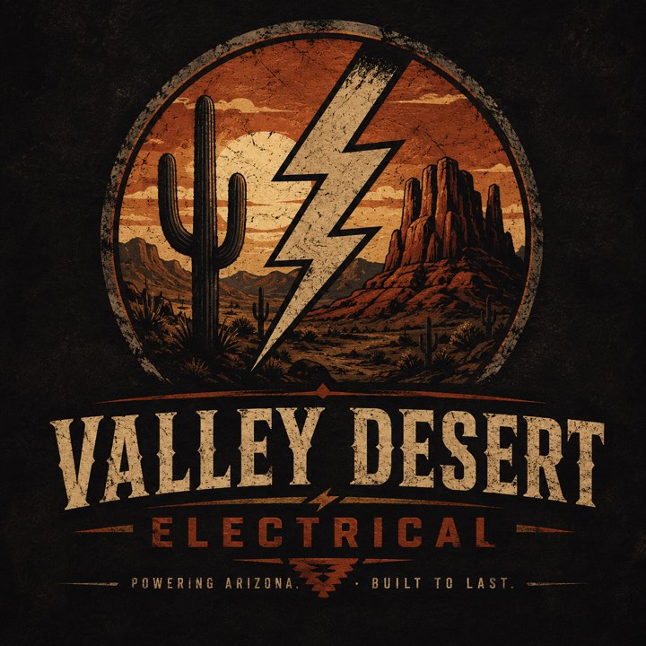 Valley Desert Electrical badge logo with cactus, desert mesa, and lightning bolt